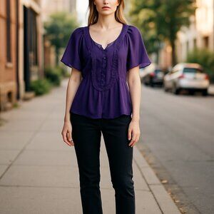 BCBG Maxazaria Women's Purple Sheer Short Sleeve Ruffled Blouse Sz S